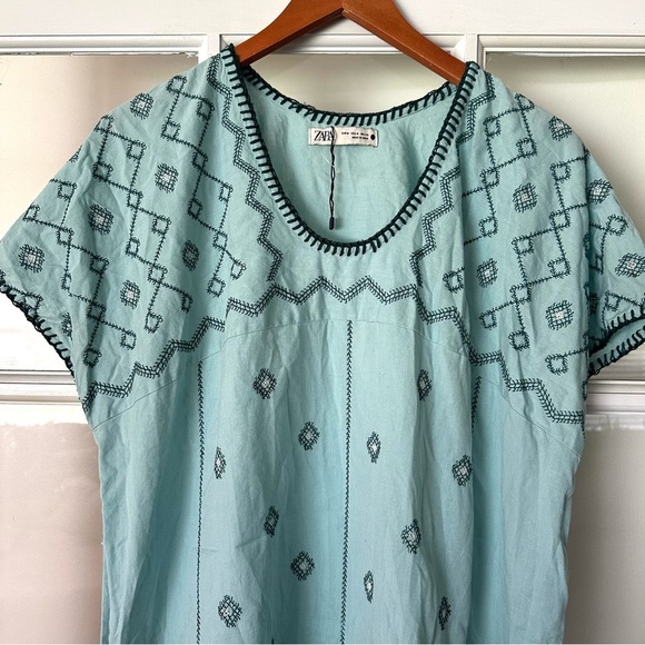 Zara Aqua Teal Embroidered Kaftan Dress with Dark Edging Size Medium - Picture 4 of 9